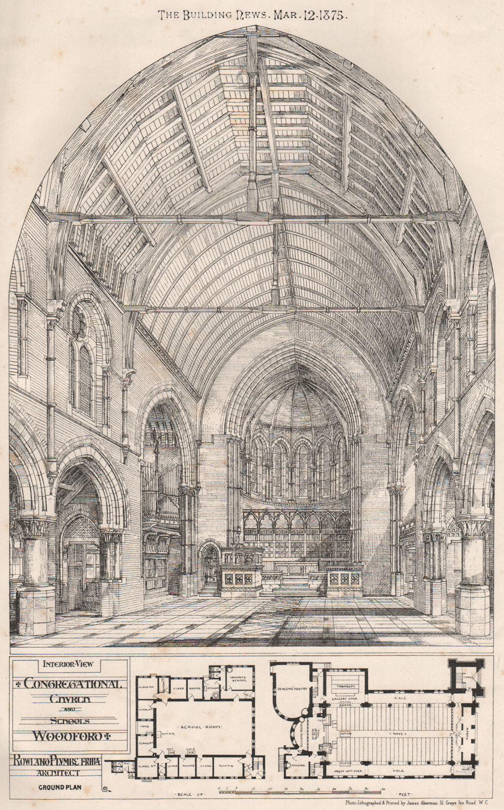 Interior; Congregational church & schools, Woodford; Rowland Plumbe Archt  1875